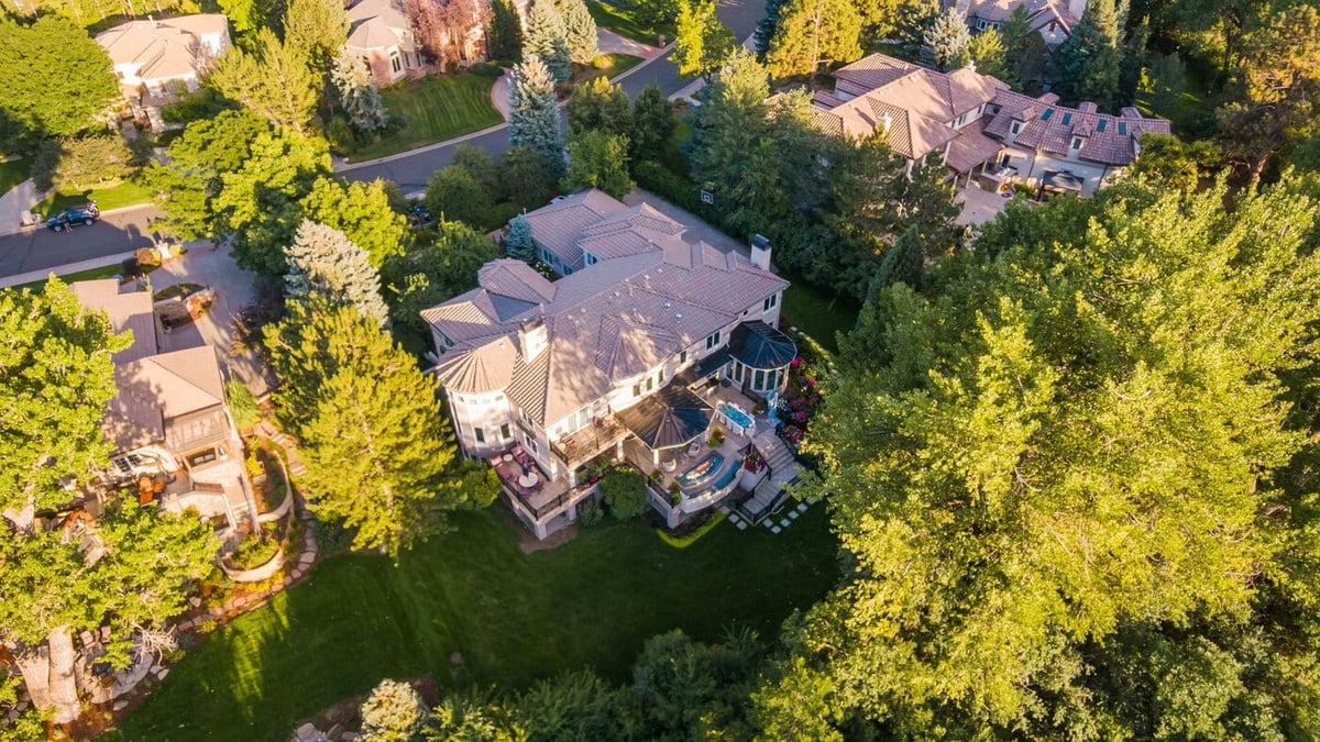 Aerial view of estate and neighboring homes in Greenwood Village, CO, renovation by Cillessen Construction