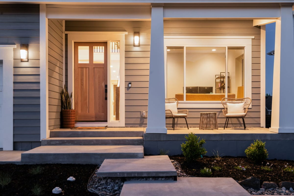 Close view of custom home front porch with seating, wood door, and modern siding in Louisville, CO by Cillessen Construction